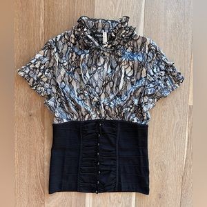 Bebe top bandage with real silk and prints BUSTIER ILLUSION BLOUSE size medium